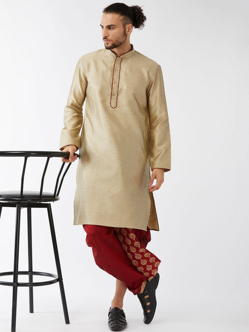 Vastramay Men's Beige And Maroon Silk Blend Kurta And Dhoti Set